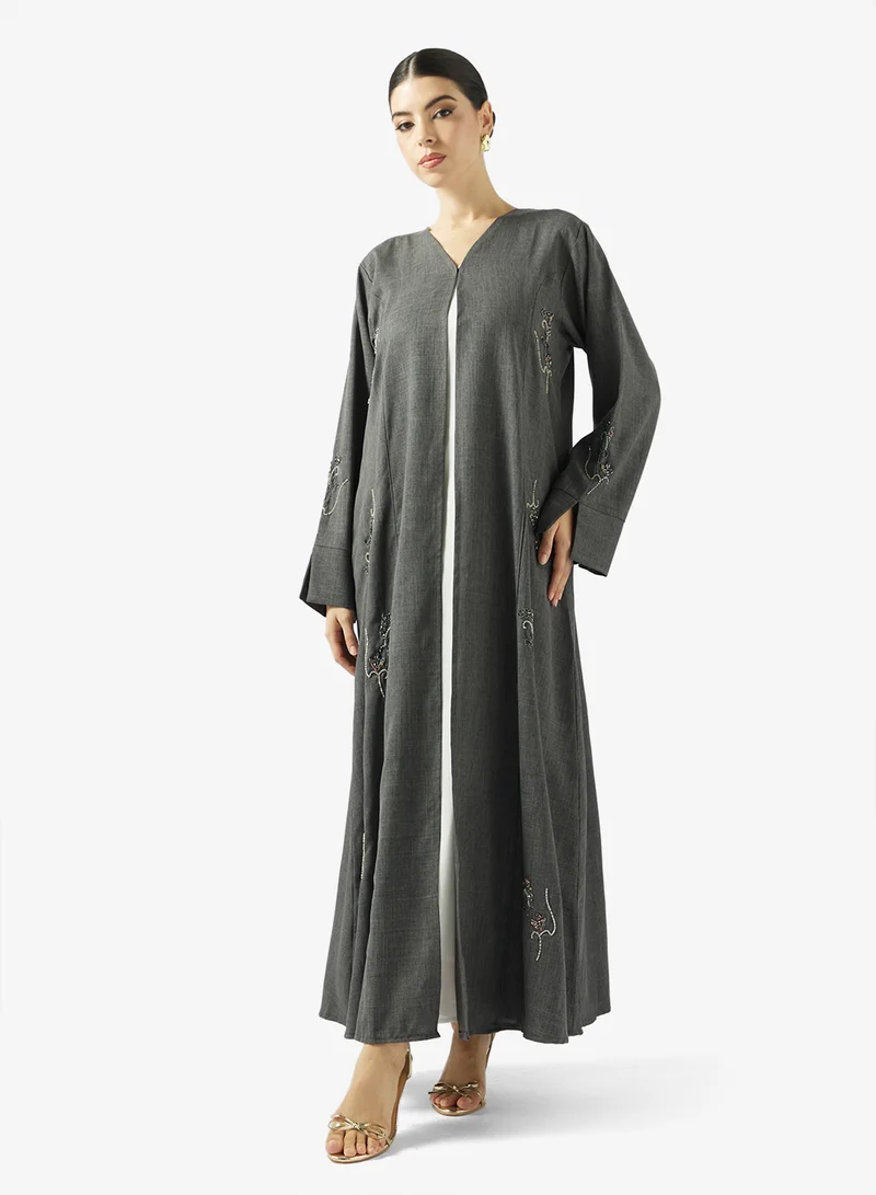 hayas closet  Floral Embellished Open Front V Neck Abaya for Women | Best Price UAE